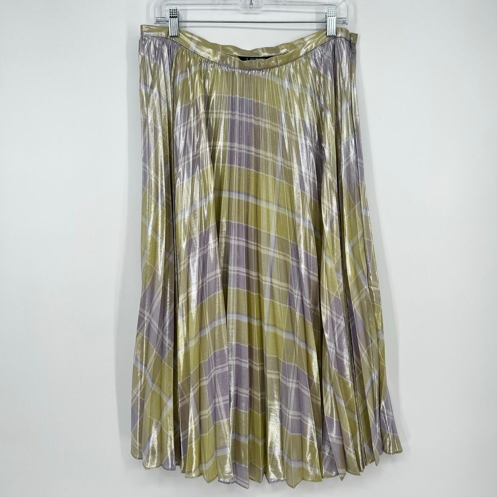 Lauren Ralph Lauren Checked Plaid Pleated Georgette Skirt 12 Green Metallic NEW